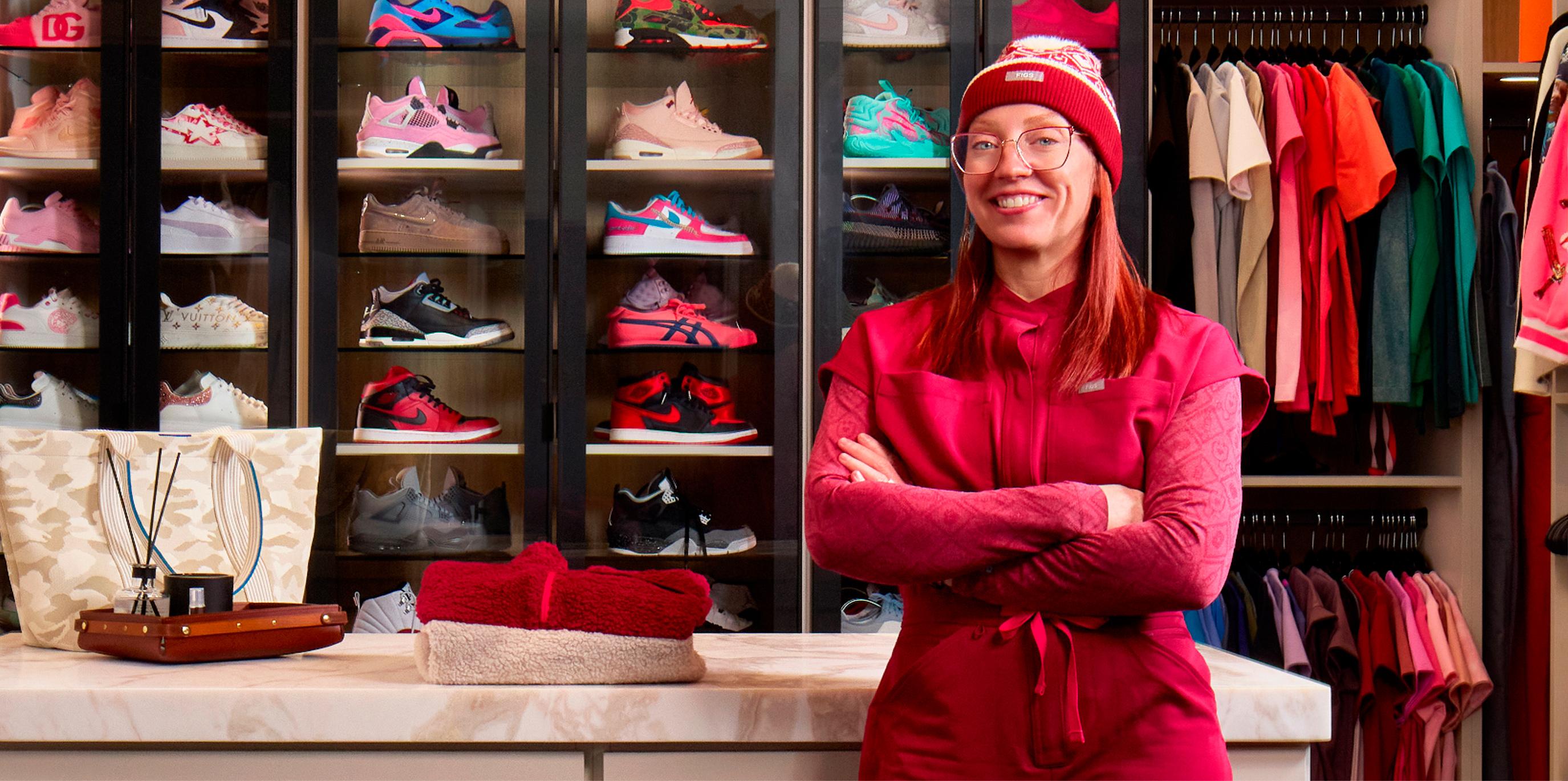 Dr. Betsy Grunch (LadySpineDoc) and her custom dressing room with a sneaker display wall by California Closets
