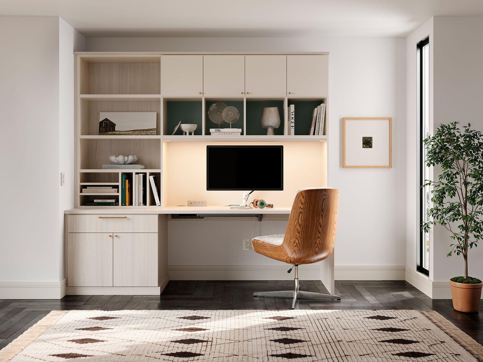 Custom built home office area with cabients and custom shelves made by California Closets