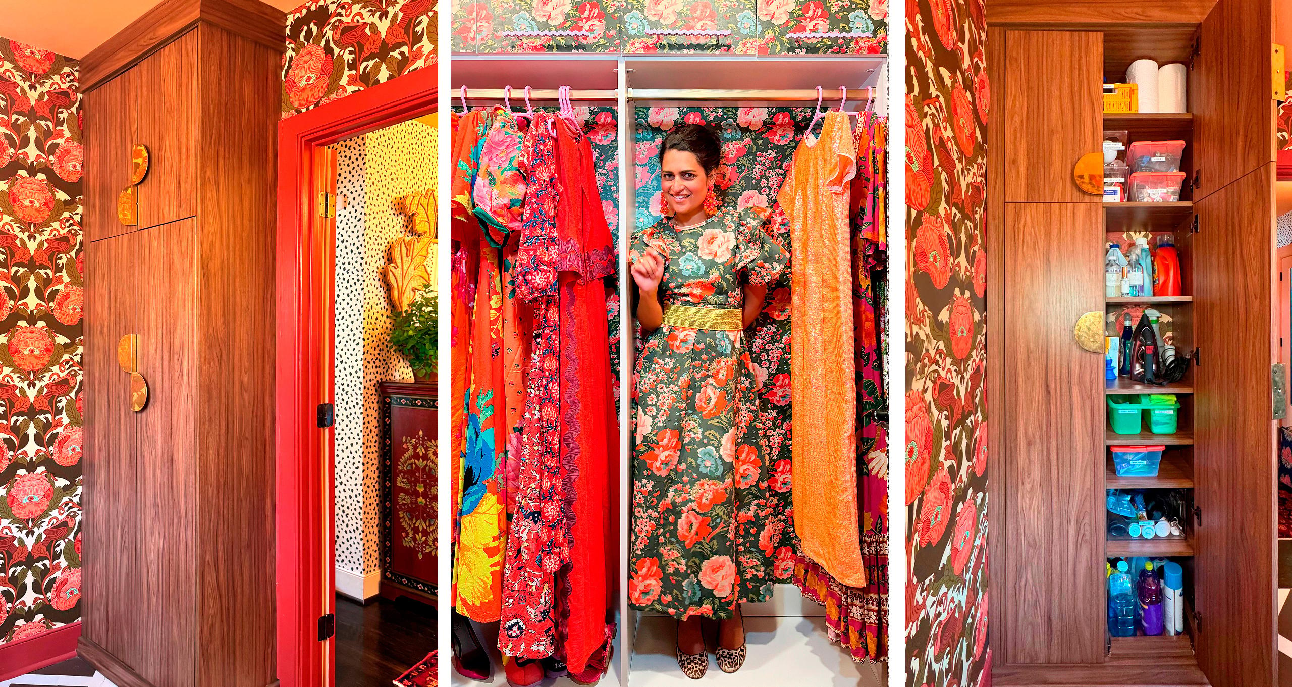 Isabel Ladd in her vibrant colorful laundry room with custom wood grain utility cabinets by California Closets