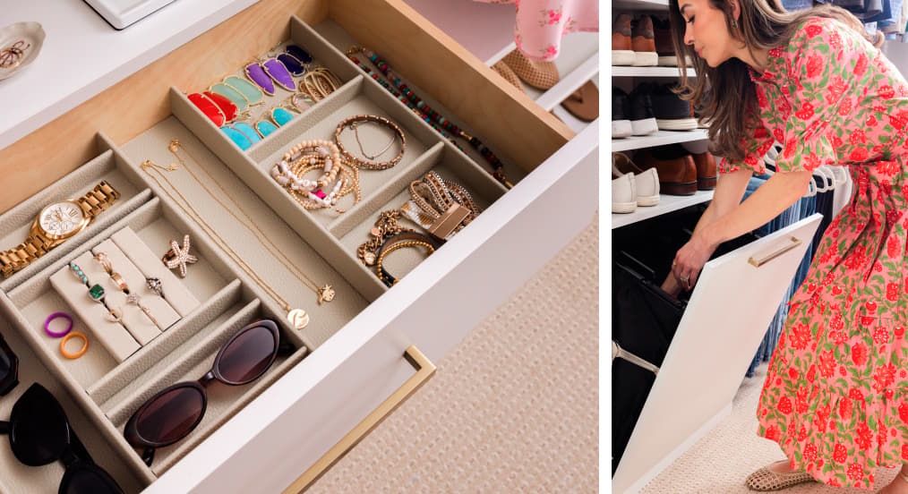 Custom white California Closets drawer with a velvet jewelry organizer for Lacey Knight