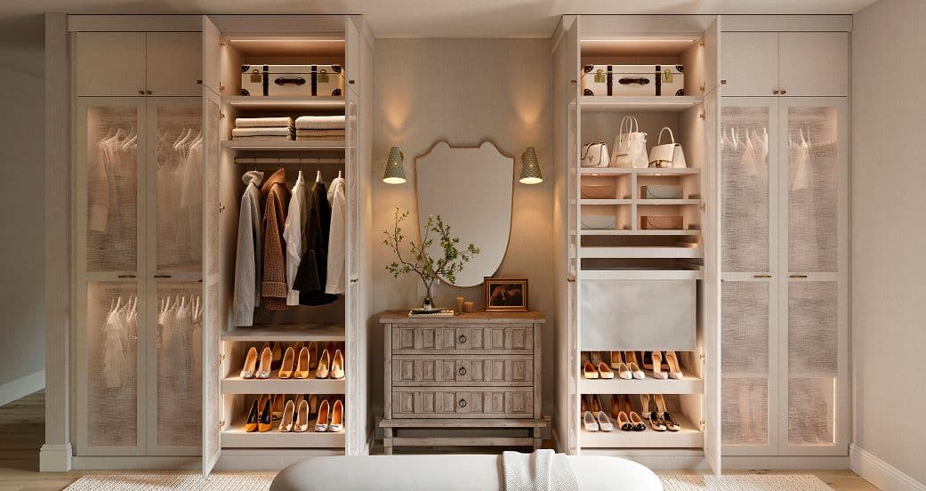 Custom wardrobe featuring adjustable shelving, shoe storage, drawers, and accessory organizers.