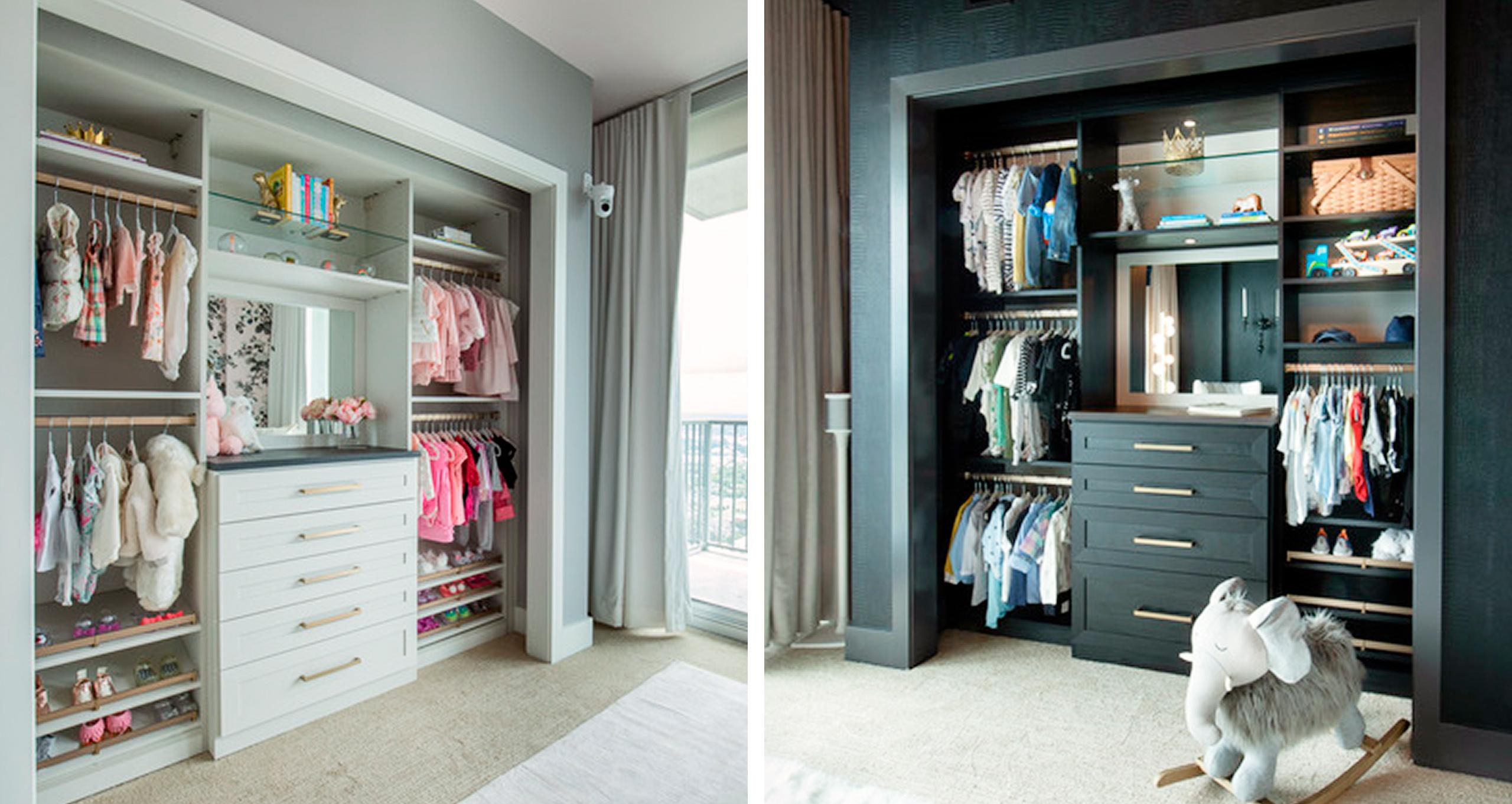 Clósets reach-in a la medida para los cuartos de bebé de Angela Ruch con acabados Linen y Black Shadow por California Closets