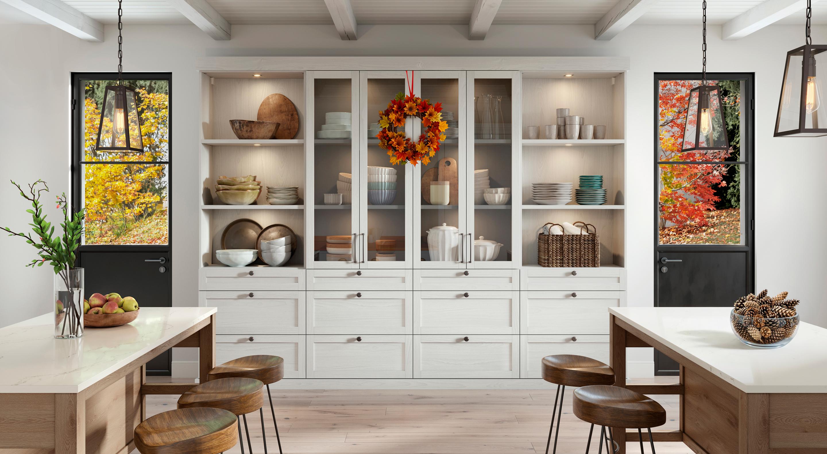 Holiday home design ideas for large open kitchen and pantry showing fall wreath and tabletop ornaments from California Closets