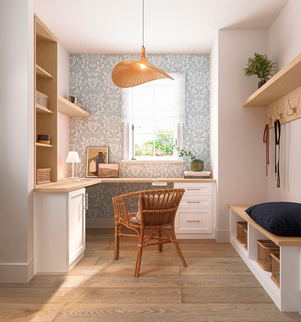 Cozy nook home office designed with dual mudroom storage by California Closets