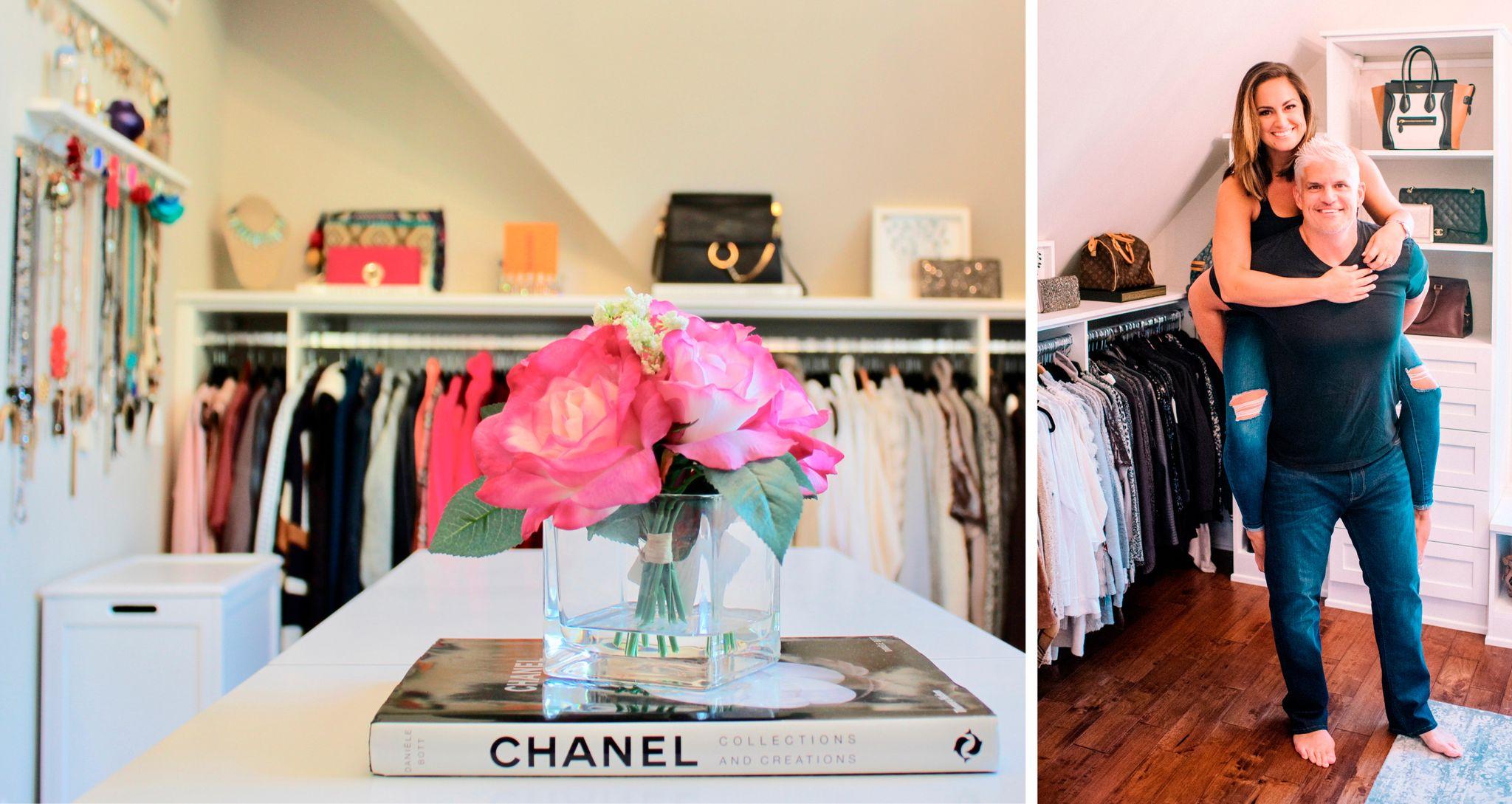 Transformación de vestidor y oficina en casa para LauRen Merola, con cajones blancos y estanterías de exhibición de California Closets