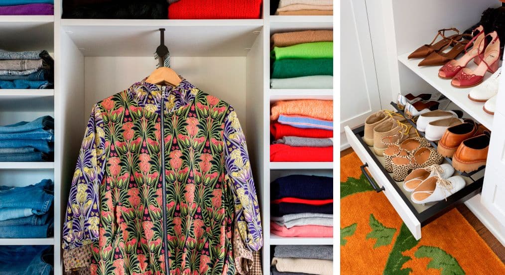 Estantes abiertos con ropa doblada y un cajón extraíble para guardar zapatos de California Closets
