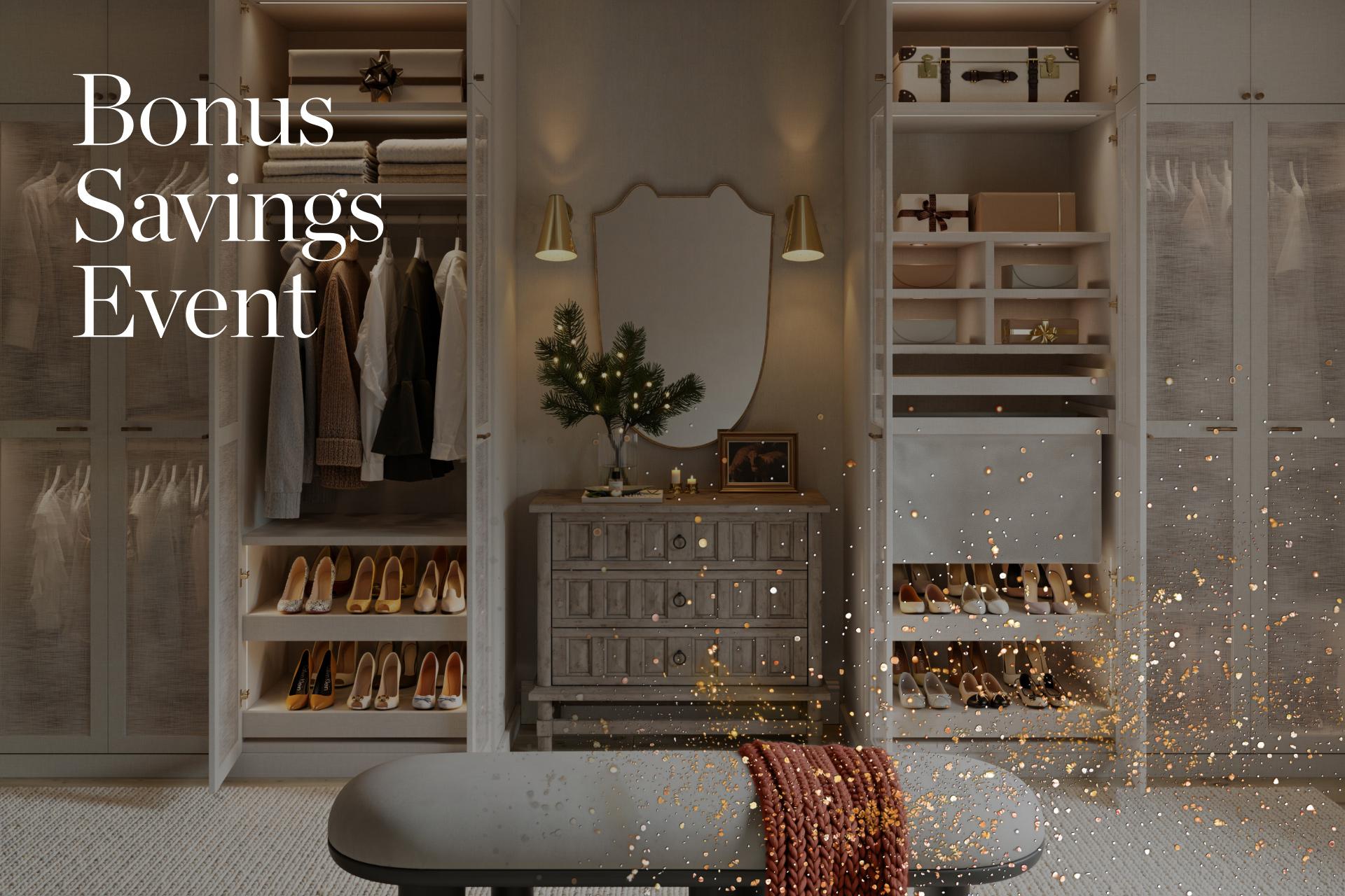 Open closet design with shelving, shoe storage and a dresser from California Closets