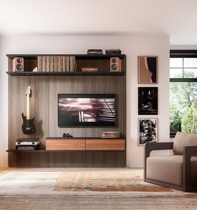 Living room entertainment center modern desigh with custom drawers and cabinets by California Closets