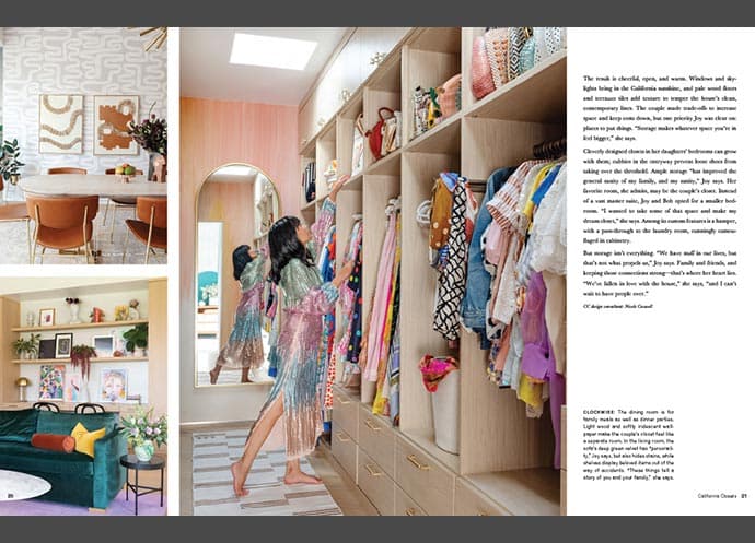 Collage of dining area, styled living room, and organized walk-in closet with pastel accents and natural light