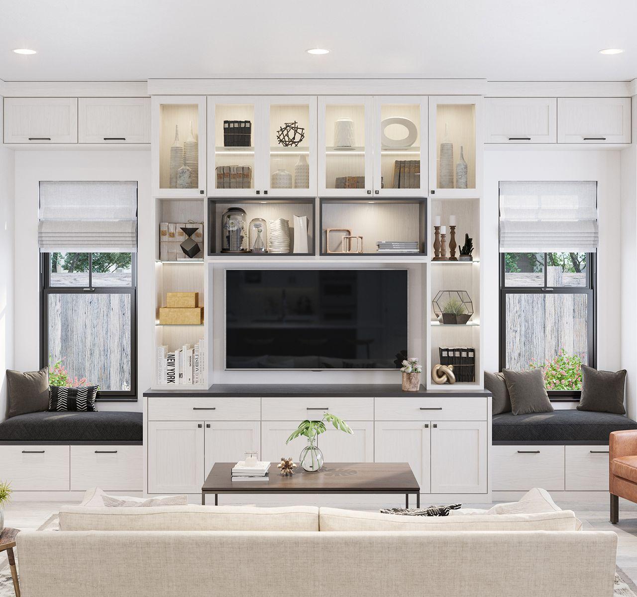 Entertainment center with built in bookshelves and cabinets in white wood grain finish by California Closets