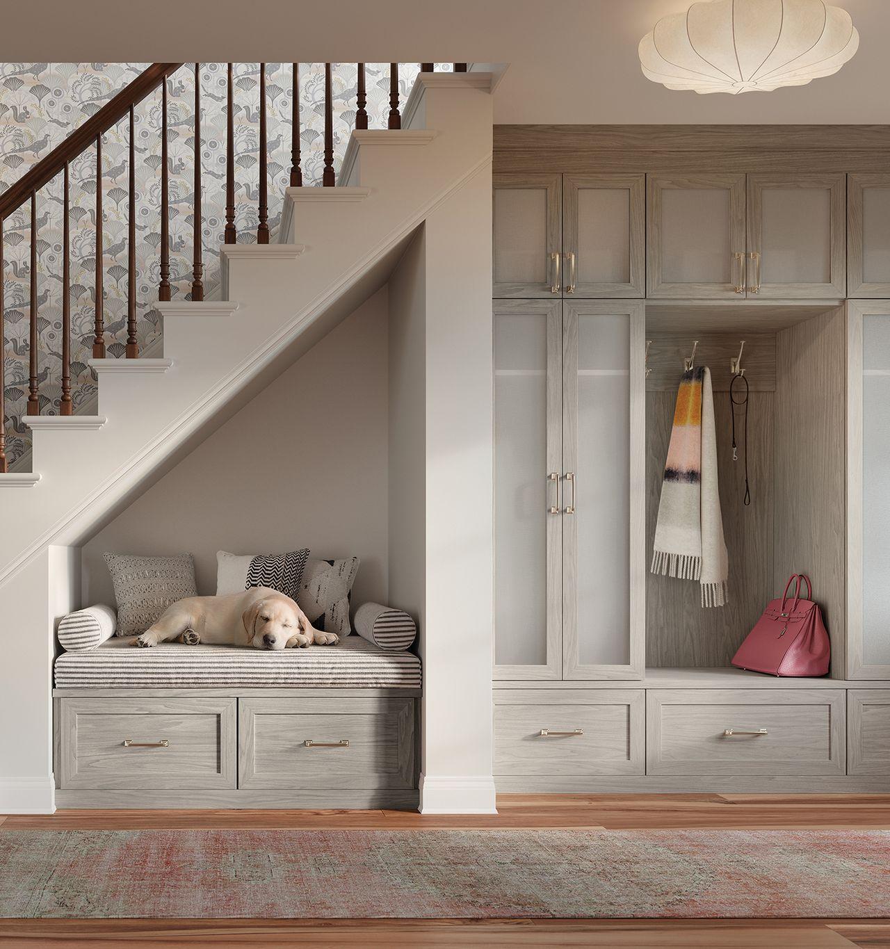 Entrada con cajones, diseño de gabinete y banco integrado para perro en acabado gris madera clara por California Closets.