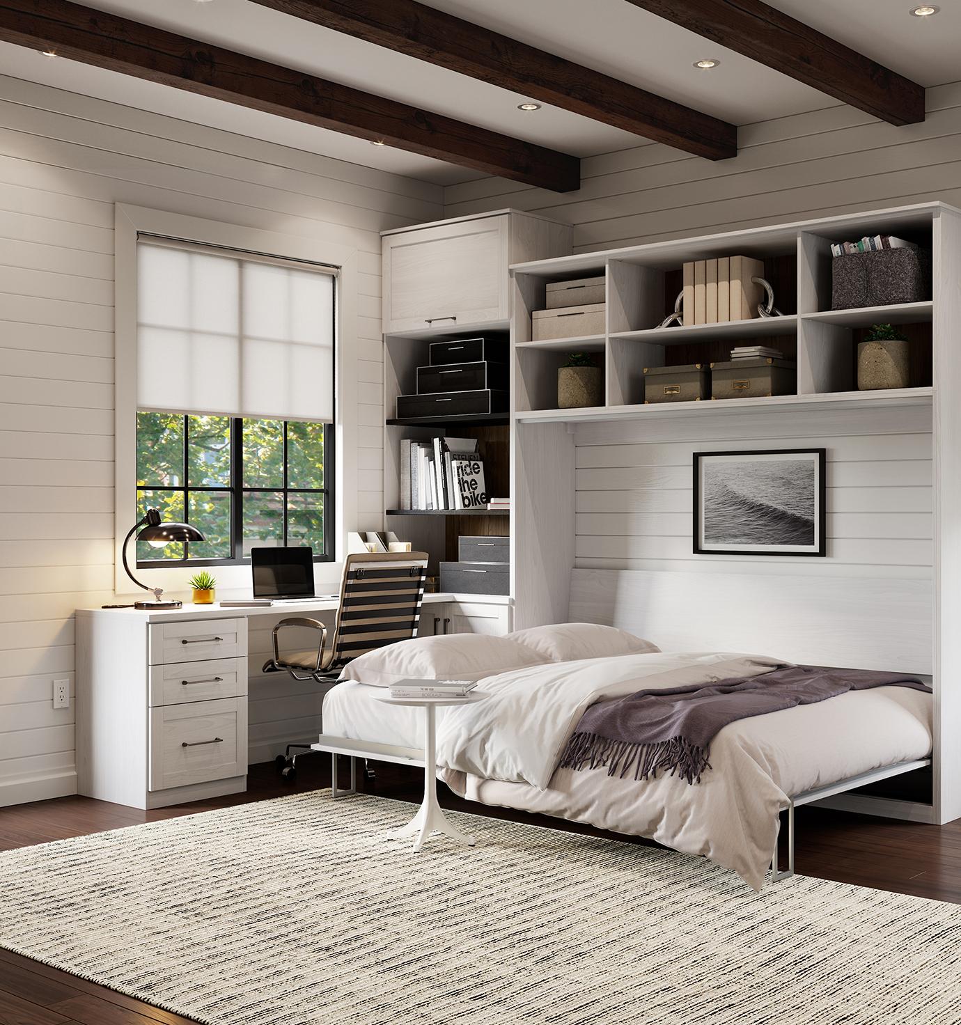 Cama plegable horizontal abierta con escritorio en acabado blanco mate de California Closets