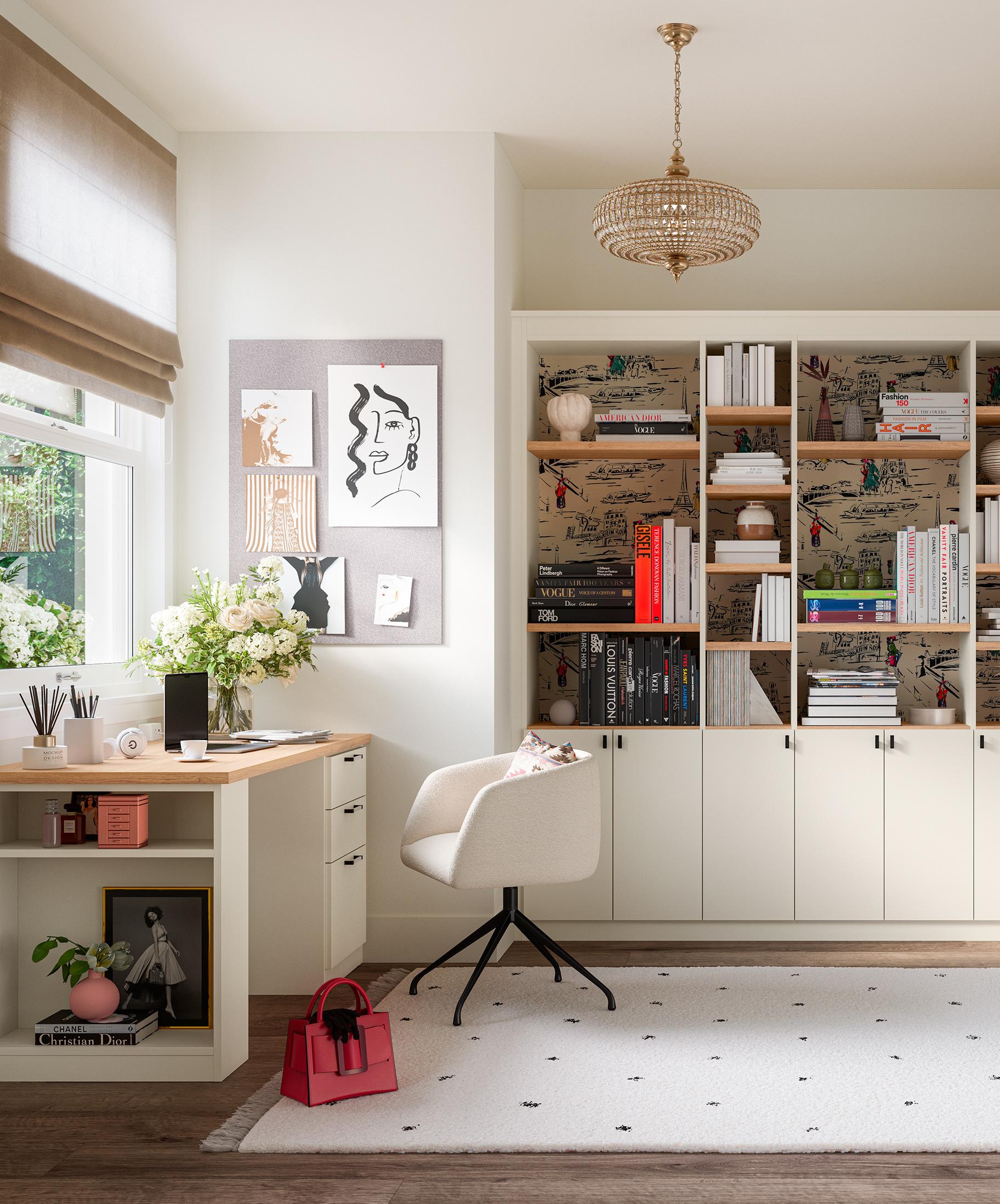 Custom home office with custom shelving made in a light luxe finish by California Closets