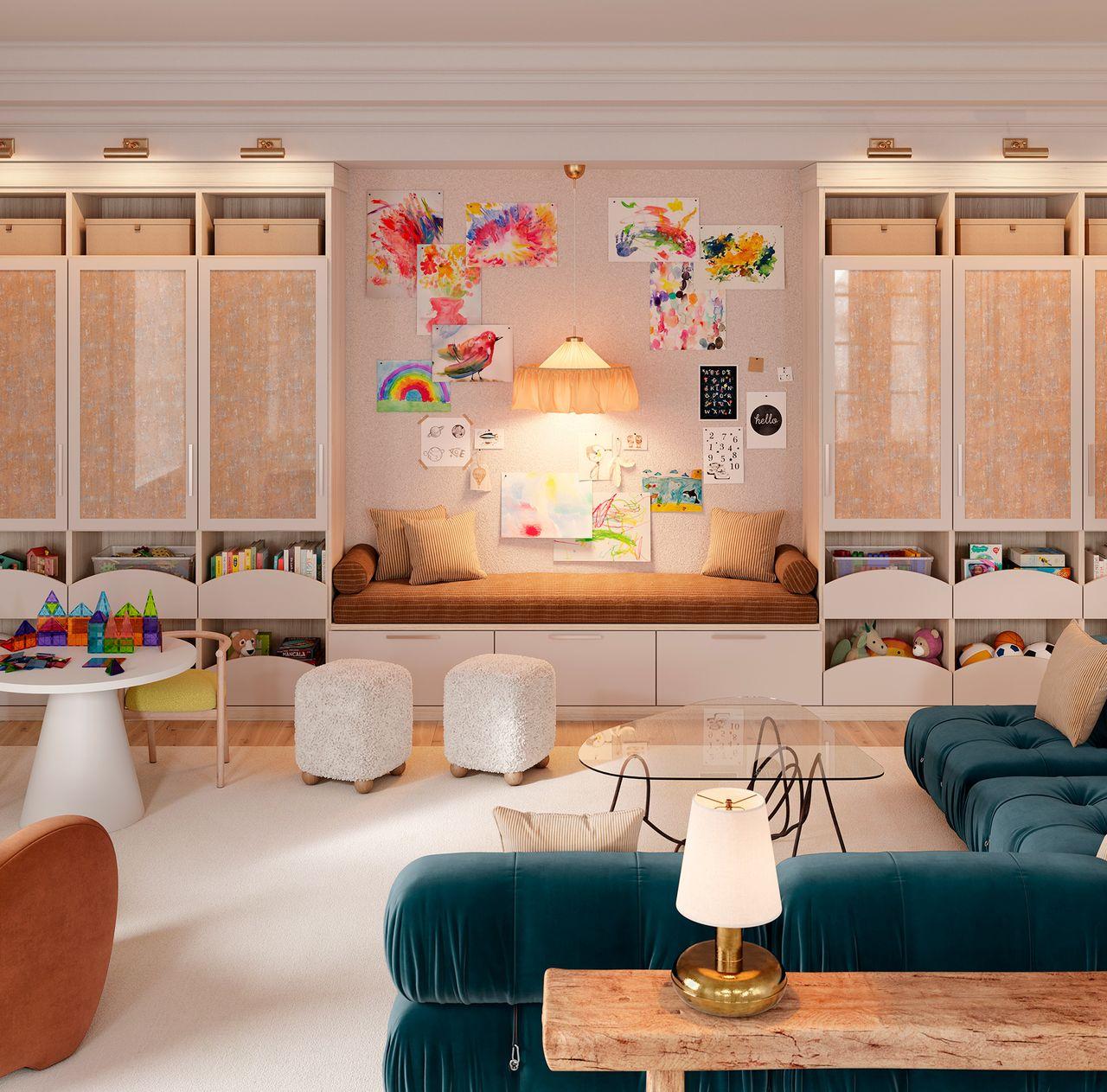 Family room design with a olay area storage and a reading bench from Jeremiah Brent for California Closets