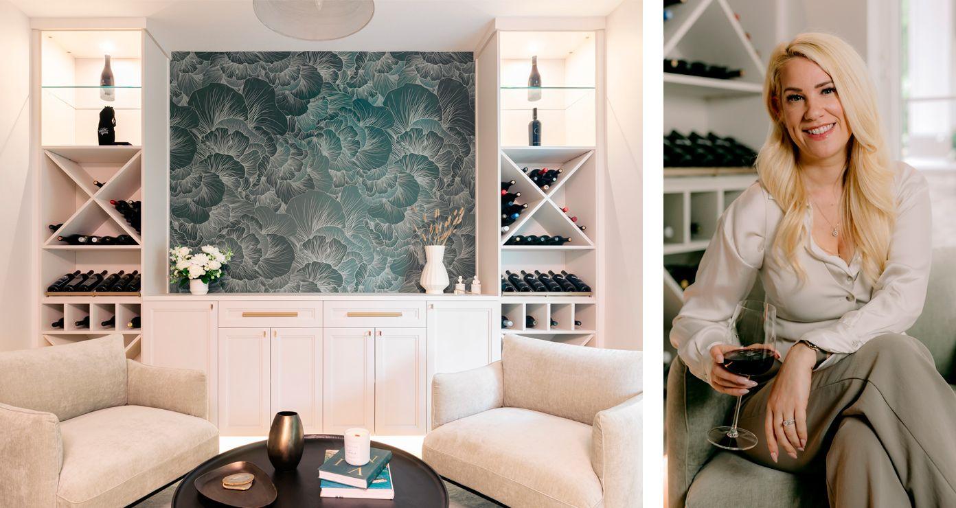Bar diseñado con iluminación personalizada, repisas en forma de X para almacenamiento de vino y gabinetes de California Closets
