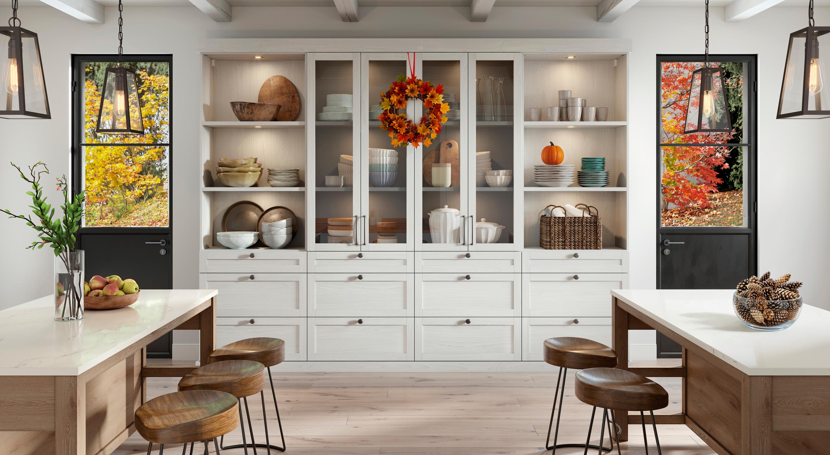 Walk through a custom walk in closet design with cabinets, open shelves, vanity desk and specialty lighting created by California Closets